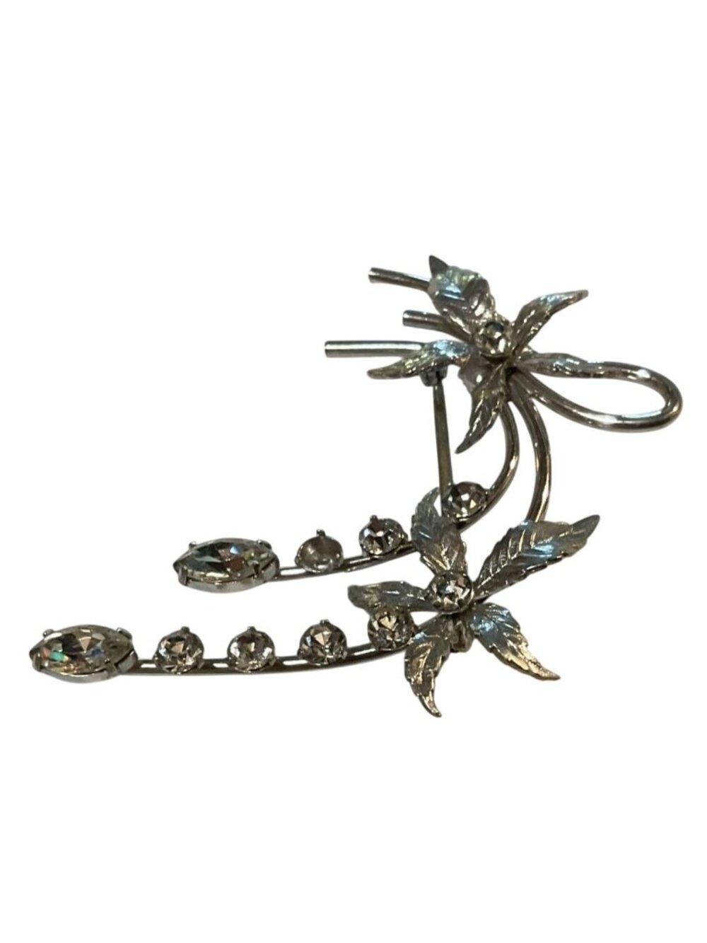 Vintage Silver Tone Floral Rhinestone Brooch Pin Krementz 1.75" L Jewelry